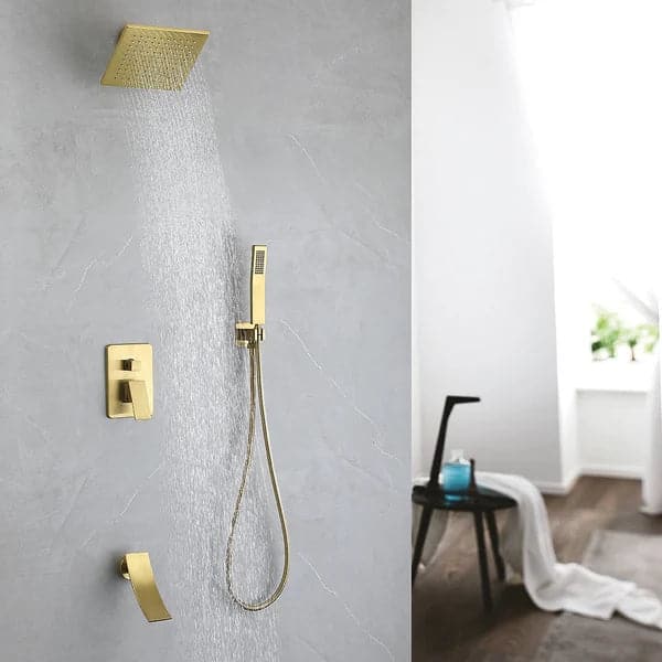 Waterfall Tub Spout Shower Faucet Set with Rain Shower Head Wall Mounted in Brushed Gold