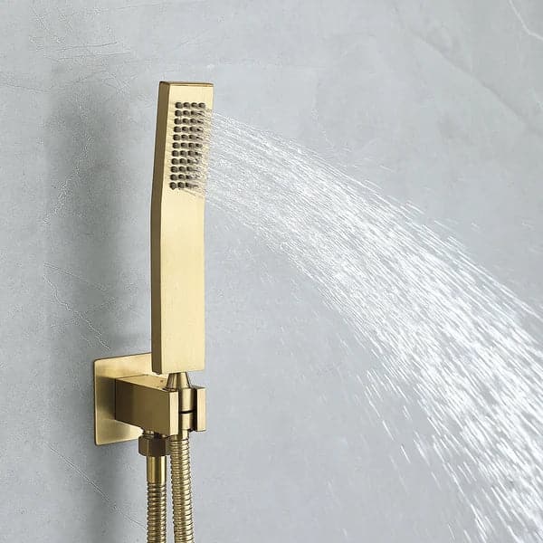 Waterfall Tub Spout Shower Faucet Set with Rain Shower Head Wall Mounted in Brushed Gold