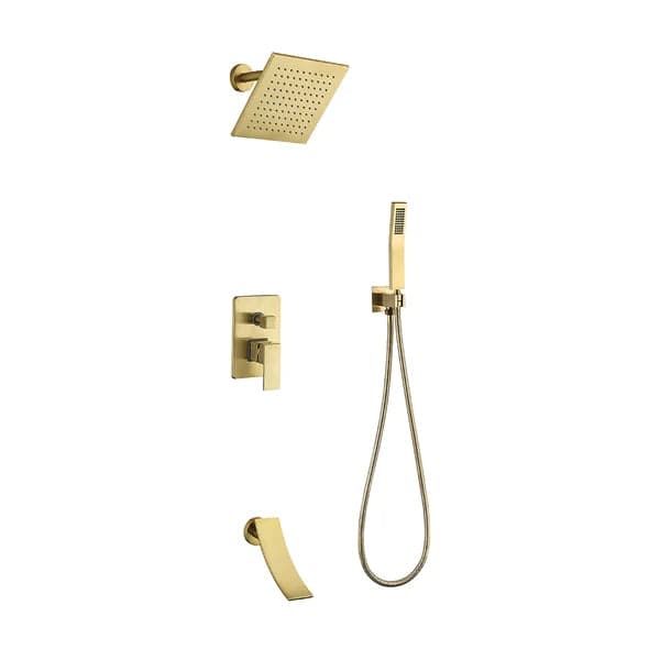 Waterfall Tub Spout Shower Faucet Set with Rain Shower Head Wall Mounted in Brushed Gold