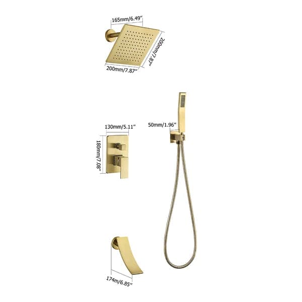 Waterfall Tub Spout Shower Faucet Set with Rain Shower Head Wall Mounted in Brushed Gold