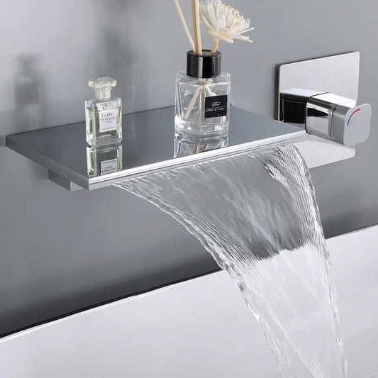 Waterfall Wall Mount Chrome Single Handle Bathroom Sink Faucet Solid Brass