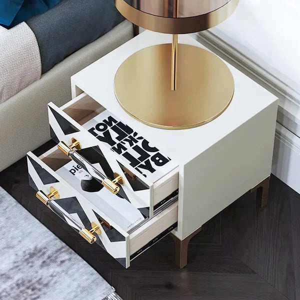 2 Drawers Black & White Nightstand with Drawer Modern Bedside Table Gold Legs