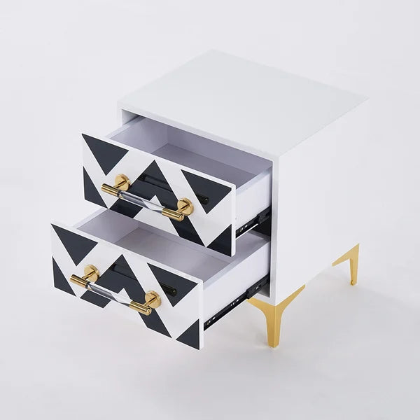 2 Drawers Black & White Nightstand with Drawer Modern Bedside Table Gold Legs