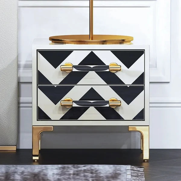 2 Drawers Black & White Nightstand with Drawer Modern Bedside Table Gold Legs