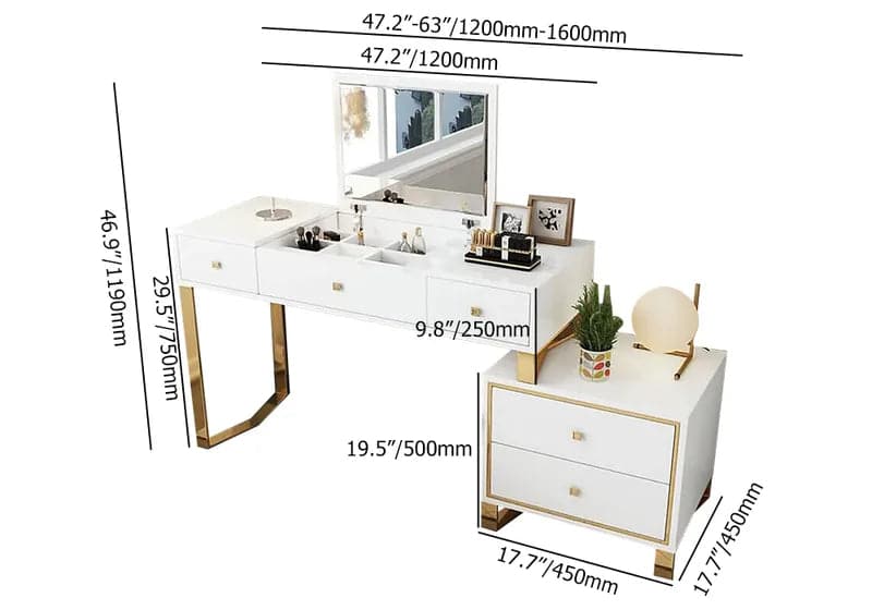 White 2-in-1 Makeup Vanity with Flip Top Mirror & 4 Drawers Modern Writing Table