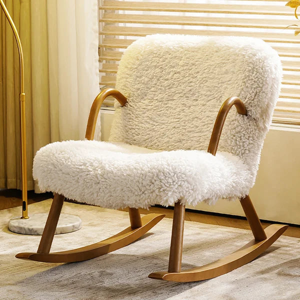 White Boucle Upholstery Rocking Chair Solid Wood Accent Chair in Walnut