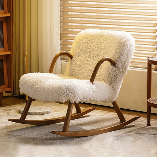 White Boucle Upholstery Rocking Chair Solid Wood Accent Chair in Walnut