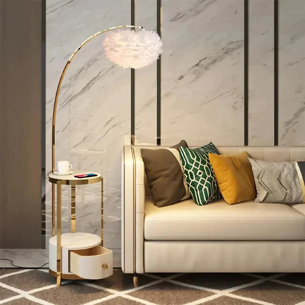 Overarching Table White End Table Feather Overarching Floor Lamp with Wireless Charging ...