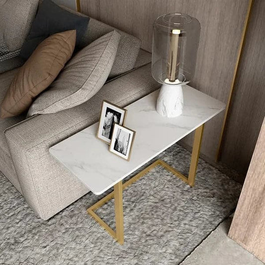 White End Table with Sintered Stone Tabletop Modern Rectangular Side Table