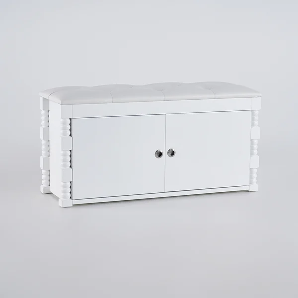 White Entryway Bench with Shoe Storage Leather Upholstered