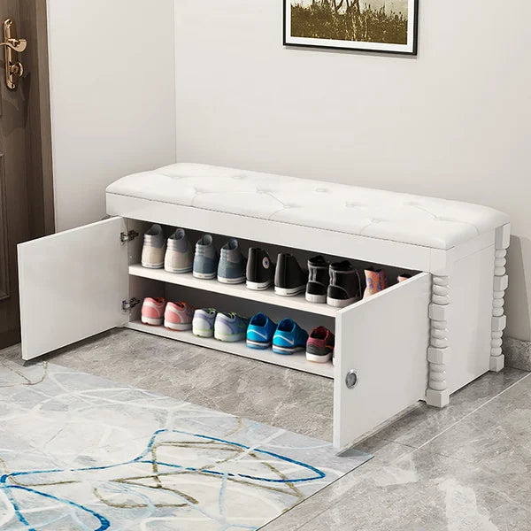 White Entryway Bench with Shoe Storage Leather Upholstered