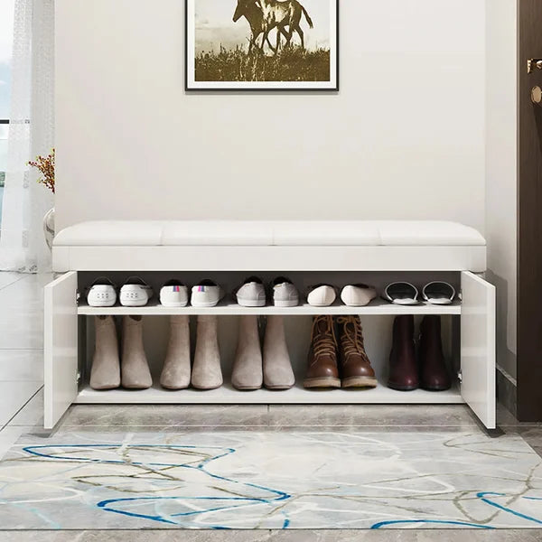 White Entryway Bench with Shoe Storage Leather Upholstered