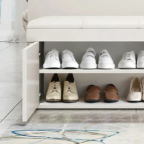 White Entryway Bench with Shoe Storage Leather Upholstered