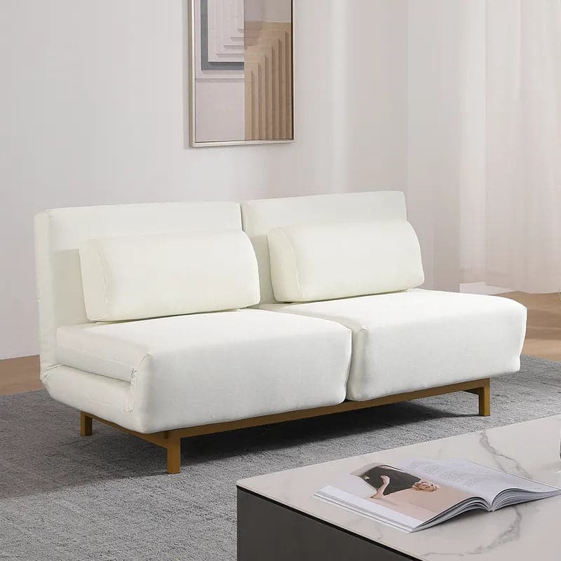 White Full Sleeper Sofa Bed Upholstered Convertible Rotatable Cotton & Linen