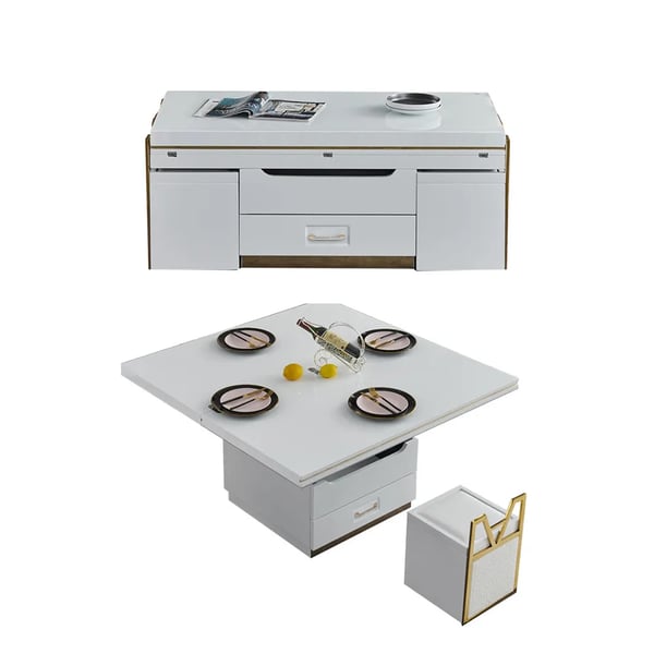 White Modern Lift Top Coffee Table Set with Storage & Stools Extendable Accent Table