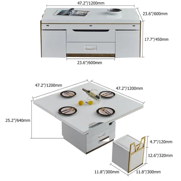 White Modern Lift Top Coffee Table Set with Storage & Stools Extendable Accent Table