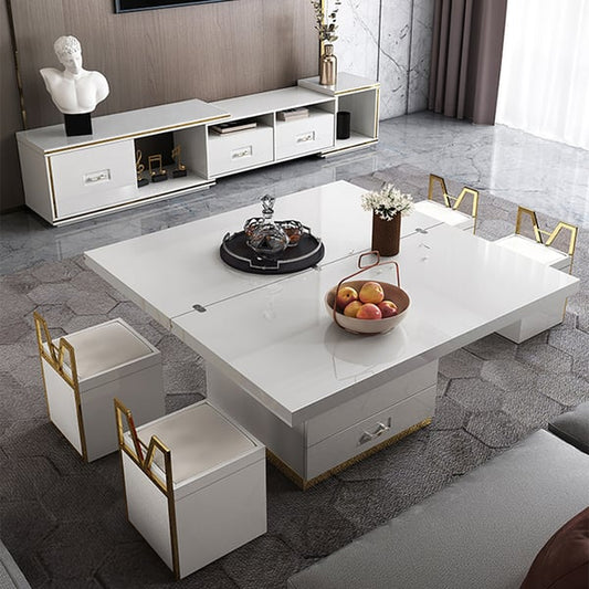 White Modern Lift Top Coffee Table Set with Storage & Stools Extendable Accent Table