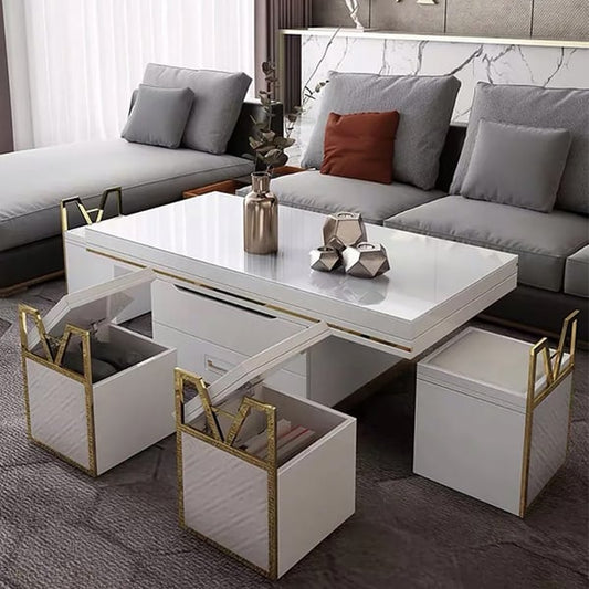 White Modern Lift Top Coffee Table Set with Storage & Stools Extendable Accent Table