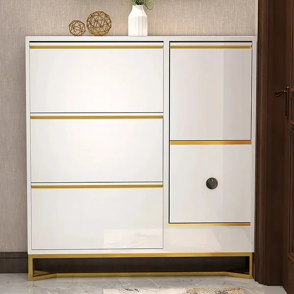 White Narrow Shoe Storage Cabinet with Bench 14-Pair 5.9"D Freestanding