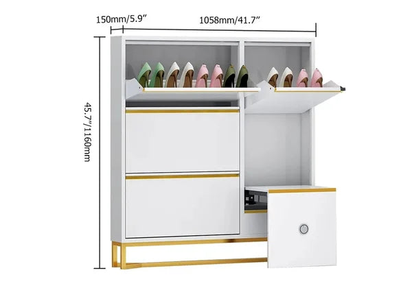 White Narrow Shoe Storage Cabinet with Bench 14-Pair 5.9"D Freestanding