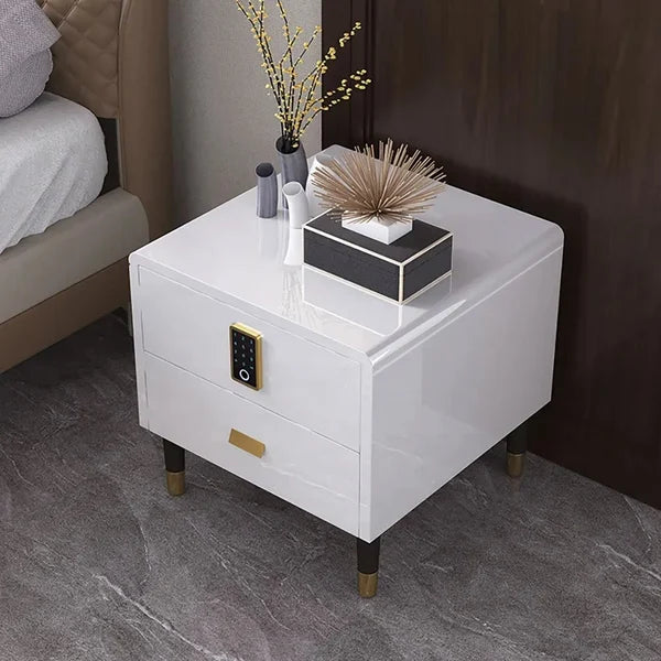 White Nightstand Luxury Intelligent Lock 2-Drawer Lacquered Nightstand