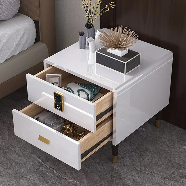 White Nightstand Luxury Intelligent Lock 2-Drawer Lacquered Nightstand