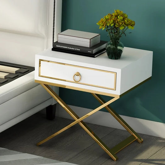 White Nightstand with Drawer Bedside Table with X-Shaped Stainless Steel Base