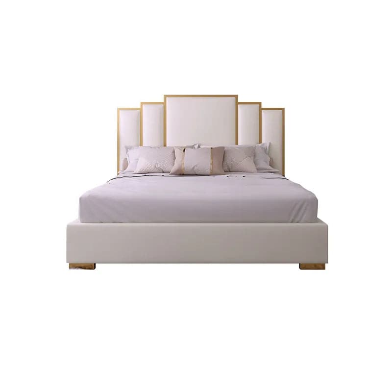 White Platform Bed Faux Leather Cal King Bed with Geometric Upholstered Headboard