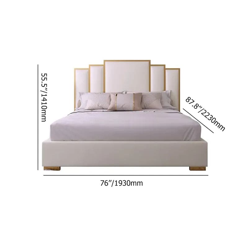 White Platform Bed Faux Leather Cal King Bed with Geometric Upholstered Headboard