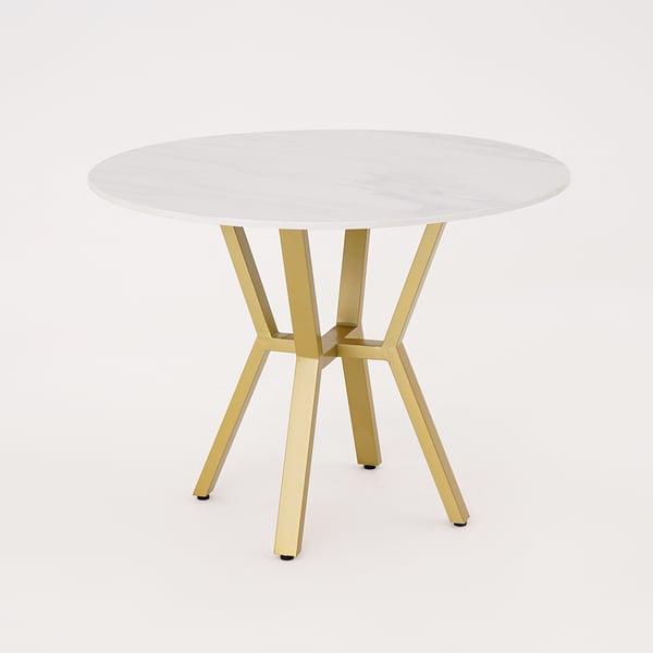 White Round Faux Marble Dining Table Modern Table for Dining with Metal Base in Gold