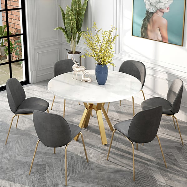 White Round Faux Marble Dining Table Modern Table for Dining with Metal Base in Gold