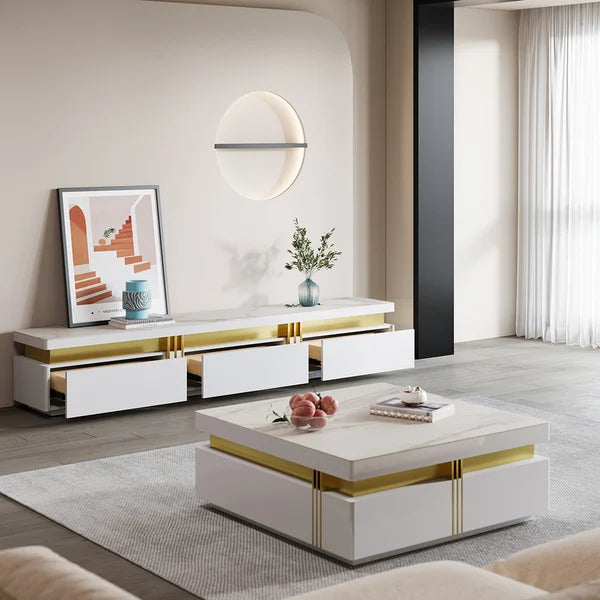 White TV Stand Sintered Stone Media Console 3 Drawers Storage for TV Up to 85"