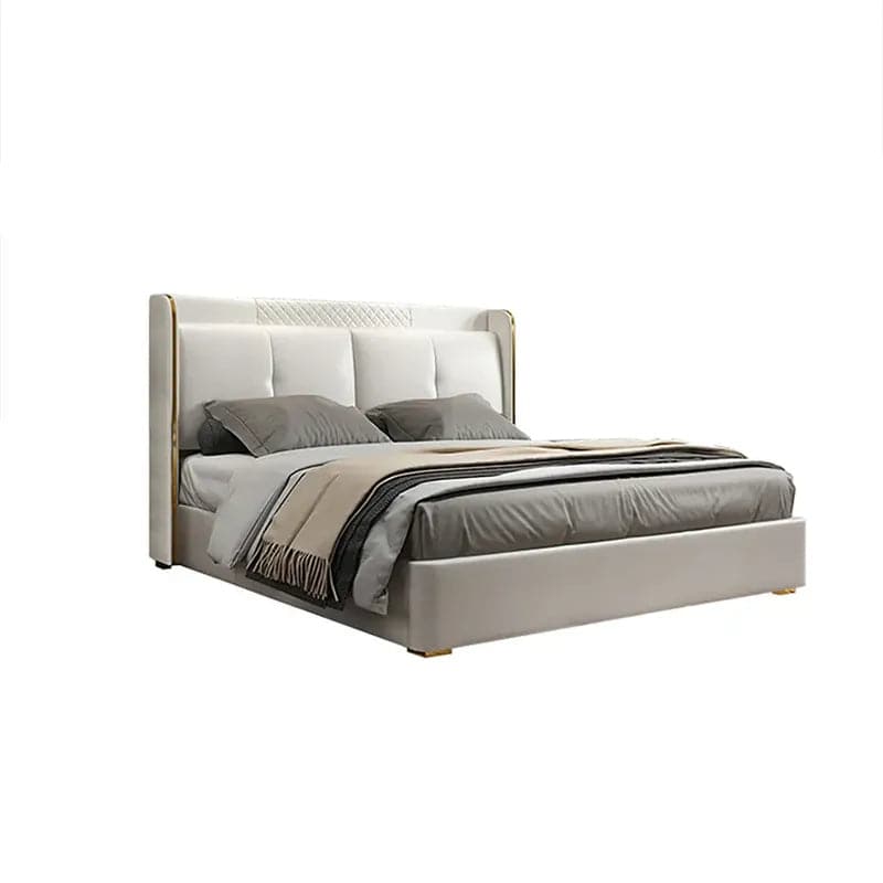 White Wingback King Bed with Faux Leather Upholstered Headboard & Wood Slats