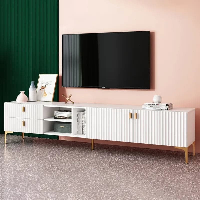 White Wood TV Stand in Gold for TVs up to 85" with 3 Shelves, 2 Drawers, 2 Door