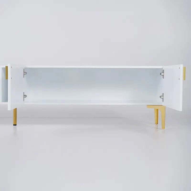 White Wood TV Stand in Gold for TVs up to 85" with 3 Shelves, 2 Drawers, 2 Door