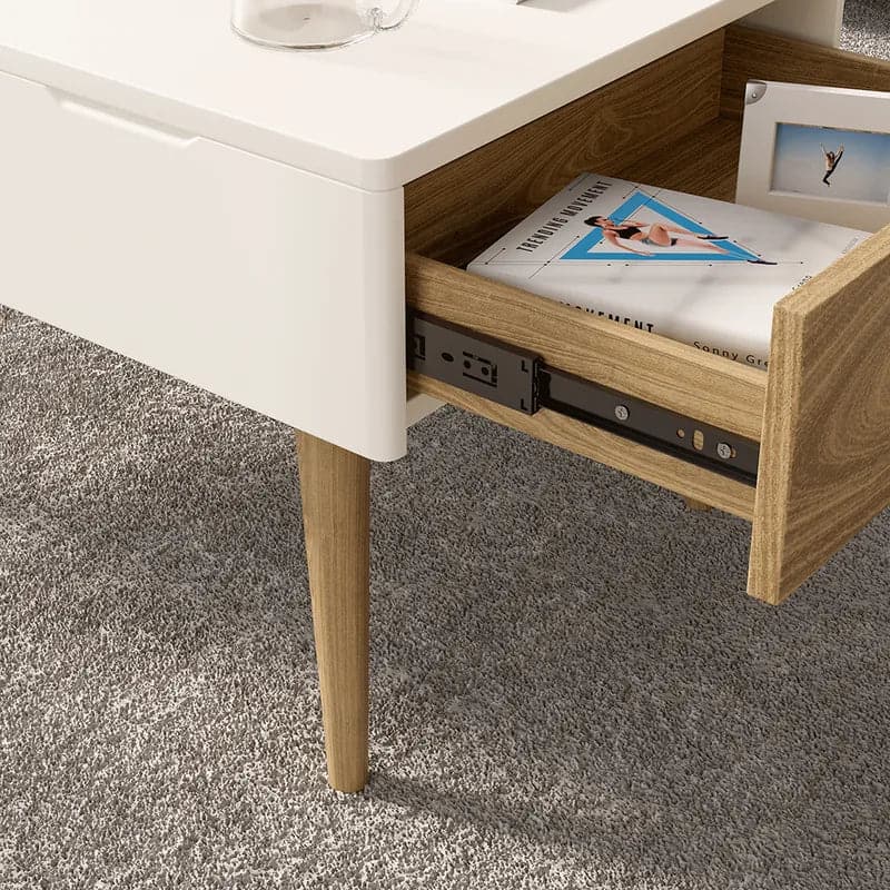 White & Natural Wooden Rectangular Coffee Table with Drawer Lift-Top Storage Table