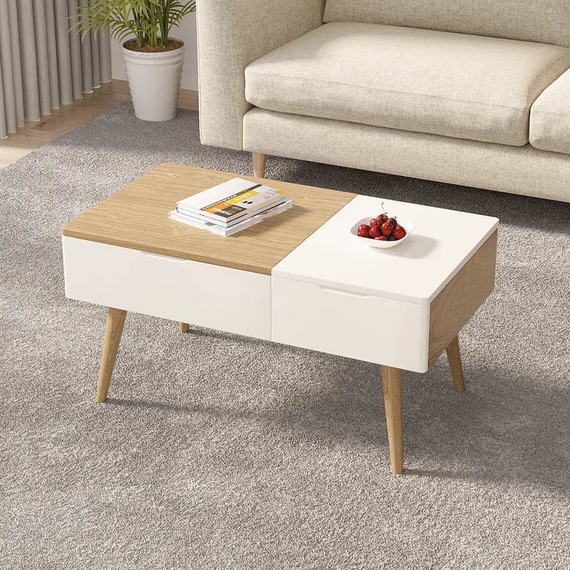 White & Natural Wooden Rectangular Coffee Table with Drawer Lift-Top Storage Table