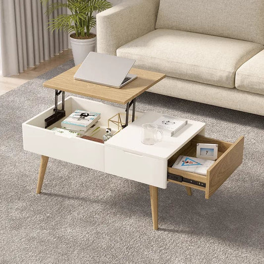 White & Natural Wooden Rectangular Coffee Table with Drawer Lift-Top Storage Table