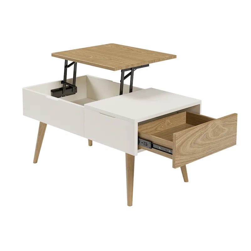 White & Natural Wooden Rectangular Coffee Table with Drawer Lift-Top Storage Table