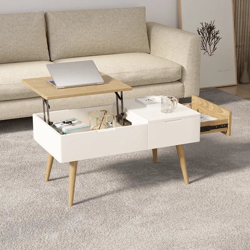 White & Natural Wooden Rectangular Coffee Table with Drawer Lift-Top Storage Table