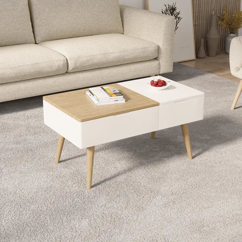 White & Natural Wooden Rectangular Coffee Table with Drawer Lift-Top Storage Table