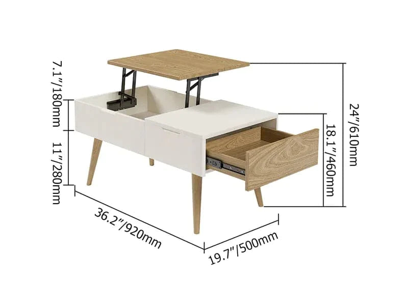 White & Natural Wooden Rectangular Coffee Table with Drawer Lift-Top Storage Table