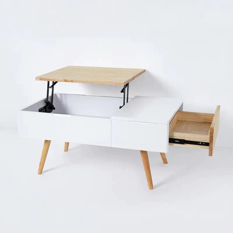 White & Natural Wooden Rectangular Coffee Table with Drawer Lift-Top Storage Table