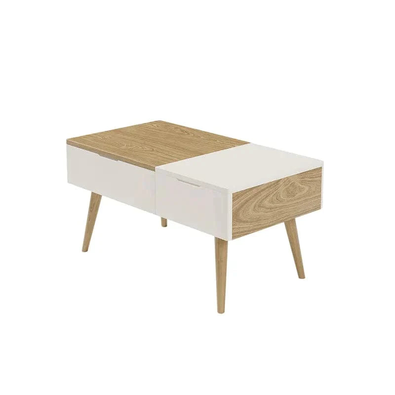 White & Natural Wooden Rectangular Coffee Table with Drawer Lift-Top Storage Table