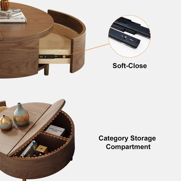 White&Walnut Round Nesting Coffee Table with Storage Rotating Top in Rose Gold Set of 2