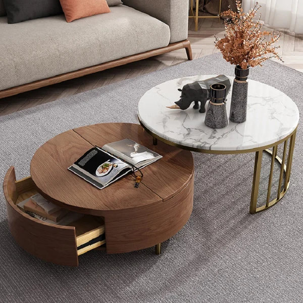 White&Walnut Round Nesting Coffee Table with Storage Rotating Top in Rose Gold Set of 2