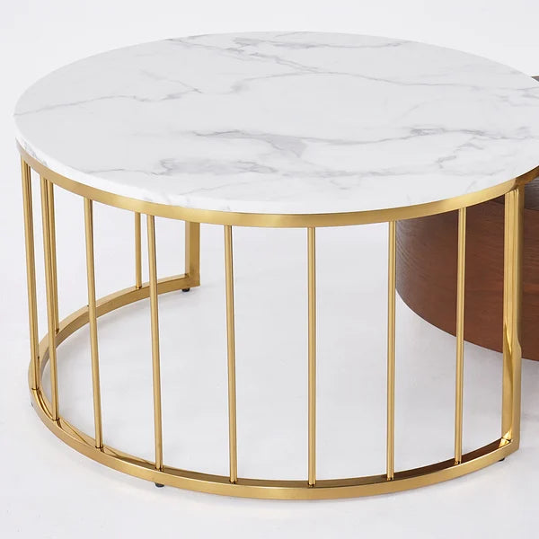 White&Walnut Round Nesting Coffee Table with Storage Rotating Top in Rose Gold Set of 2