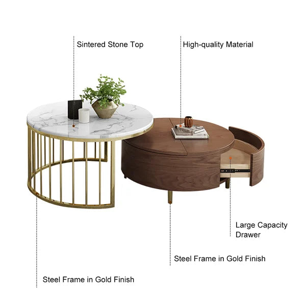 White&Walnut Round Nesting Coffee Table with Storage Rotating Top in Rose Gold Set of 2