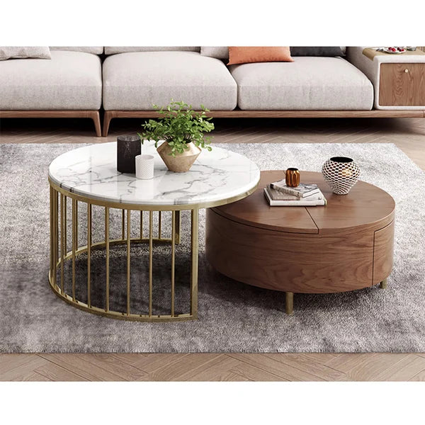 White&Walnut Round Nesting Coffee Table with Storage Rotating Top in Rose Gold Set of 2