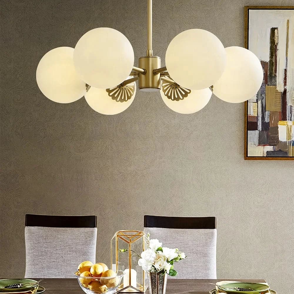 Modern Gold Chandelier 6-Light Semi Flush Light White Glass Shade